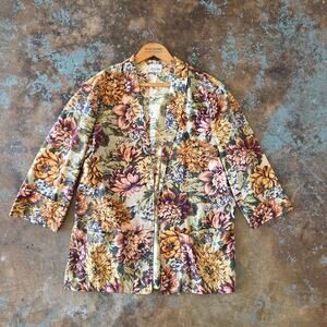 Vintage 70s Brocade Floral Print Jacket Blazer Size L Regency Cottagecore Cotton